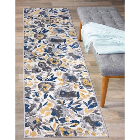 World Rug Gallery Vintage Modern Floral Gray/Yellow/Ivory Runner Rug 2'x7' Runner 2075CREAM2X7